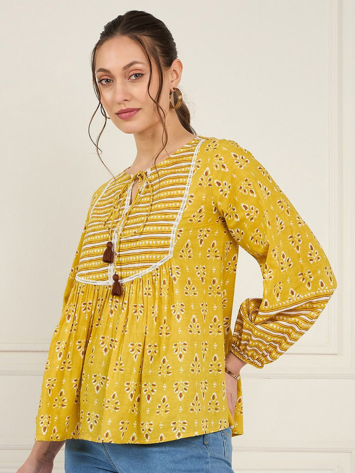 Antheaa Print Tie-Up Neck Puff Sleeve Cotton Top