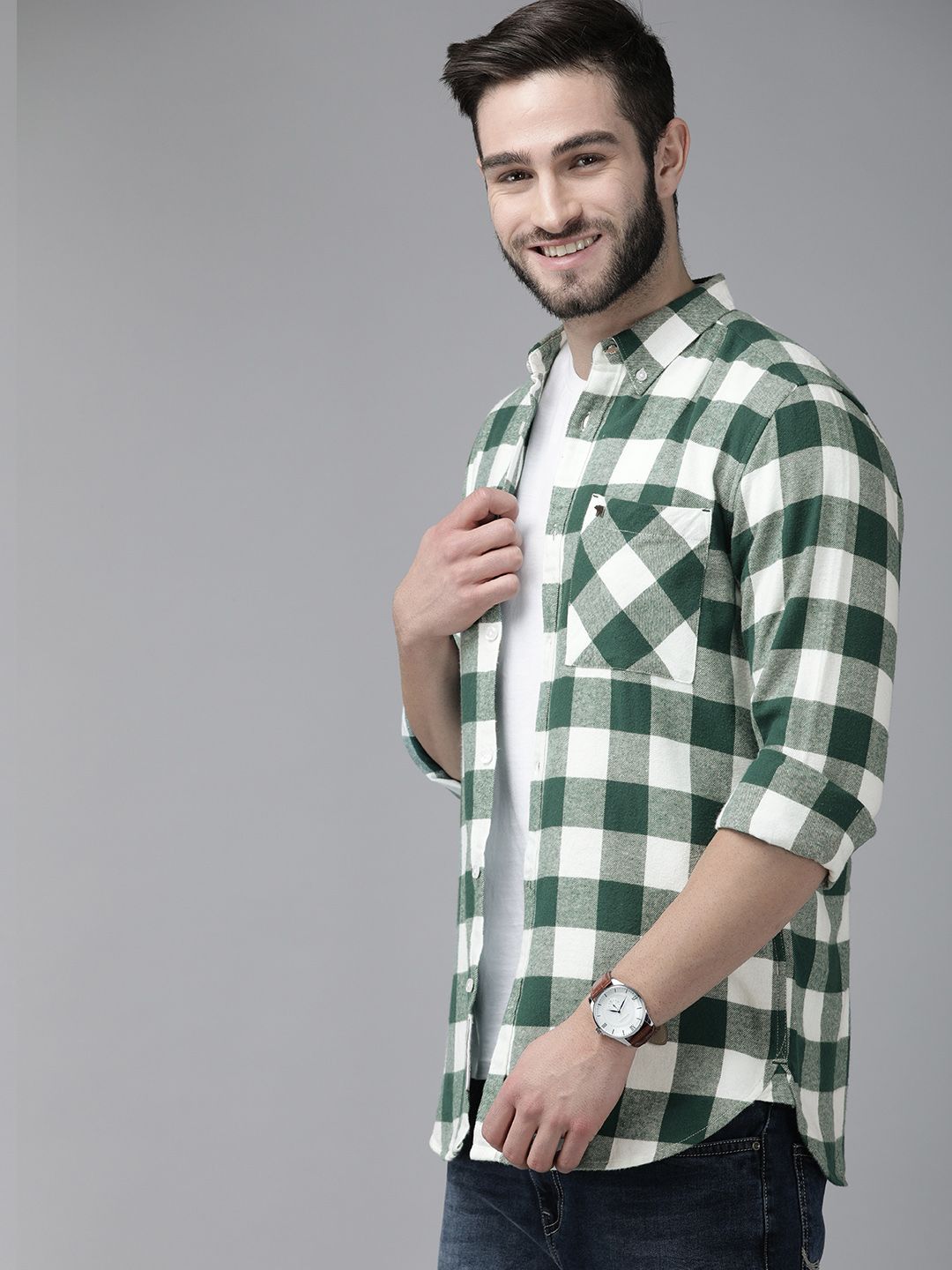 THE BEAR HOUSE Men Green Slim Fit Gingham Checks Checked Casual Shirt