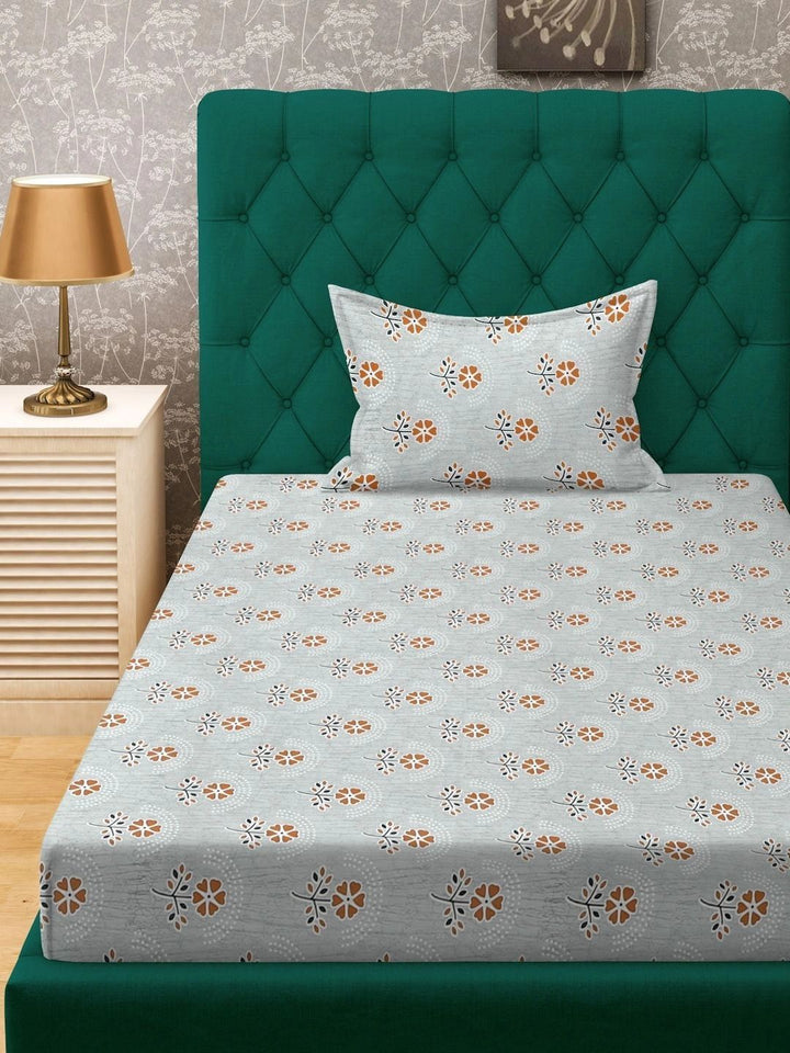 Myntra Elegant Homes Grey & Orange Floral 400 TC Single Bedsheet with 1 Pillow Covers