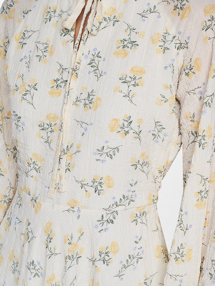 AND Floral Print Tie-Up Neck Puff Sleeve Fit & Flare Dress