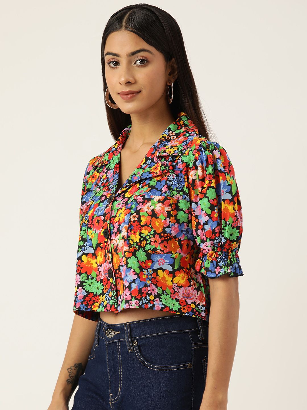 Antheaa Women Comfort Boxy Floral Printed Crop Shirt