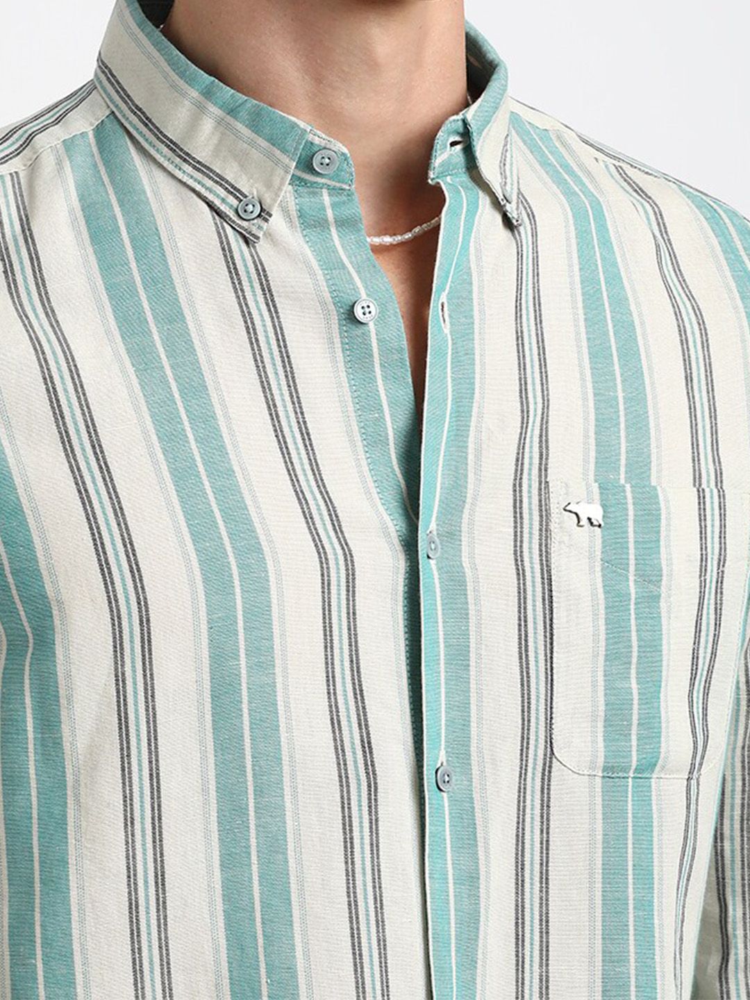 THE BEAR HOUSE Button-Down Collar Slim Fit Striped Casual Cotton Linen Shirt