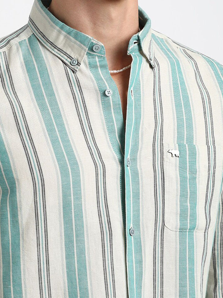 THE BEAR HOUSE Button-Down Collar Slim Fit Striped Casual Cotton Linen Shirt