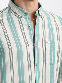 THE BEAR HOUSE Button-Down Collar Slim Fit Striped Casual Cotton Linen Shirt