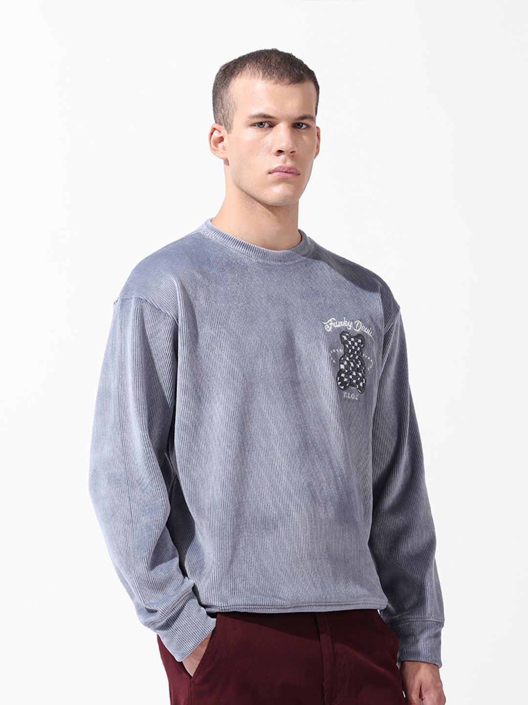 The Indian Garage Co Men Oversized Self Design Corduroy Crew Neck Sweatshirt