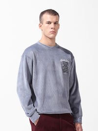 The Indian Garage Co Men Oversized Self Design Corduroy Crew Neck Sweatshirt