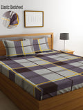KLOTTHE Brown Geometric Polycotton 300 TC Fitted King Fine Bedsheet with 2 Pillow Covers-96 x 89 inches