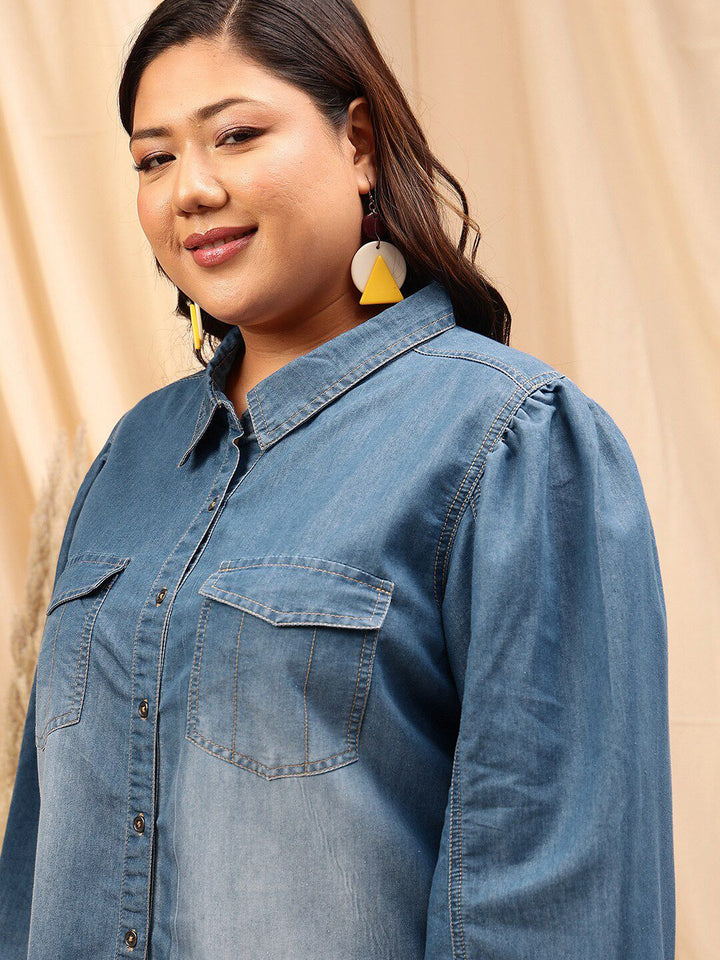 CURVY STREET Plus Size Cotton Comfort Opaque Denim Shirt