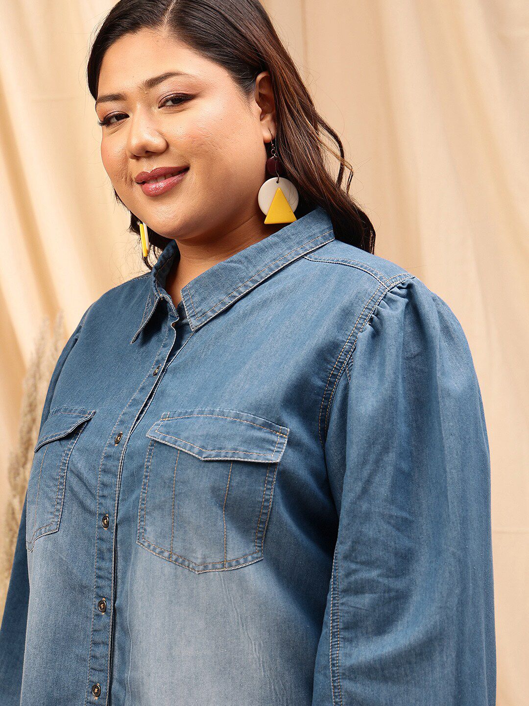 CURVY STREET Plus Size Cotton Comfort Opaque Denim Shirt