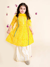 pspeaches Girls Yellow Leheriya Pure Cotton Kurta with Palazzos & With Dupatta