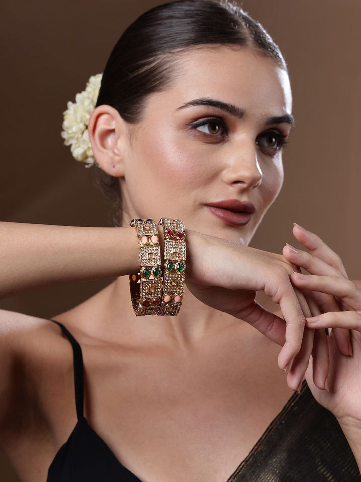 PANASH Set Of 2 Gold-Plated American Diamond-Studded Bangles
