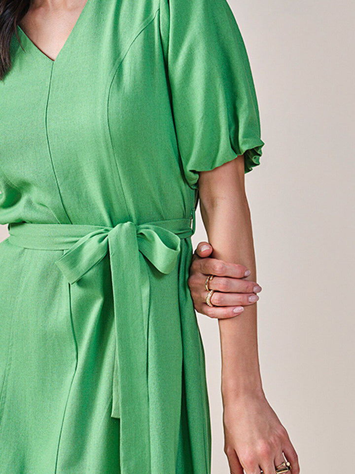 AND V-Neck Puff Sleeves Tie-Ups A-Line Dress