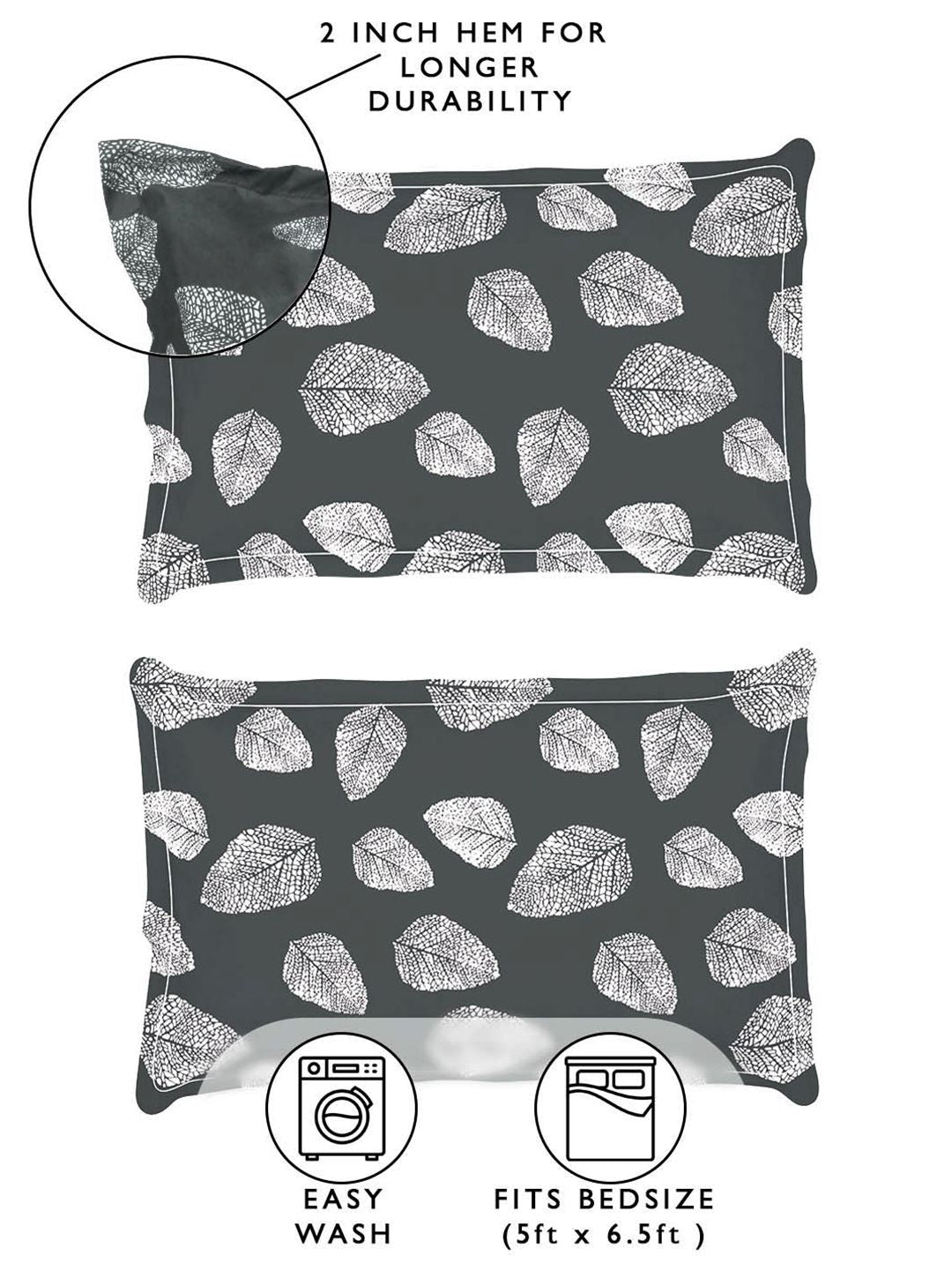 Story@home Dark Grey & White 180 TC Floral Queen Fitted Bedsheet With 2 Pillow Covers