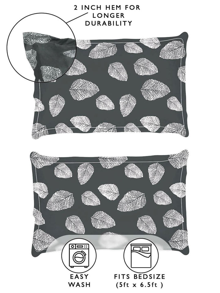 Story@home Dark Grey & White 180 TC Floral Queen Fitted Bedsheet With 2 Pillow Covers
