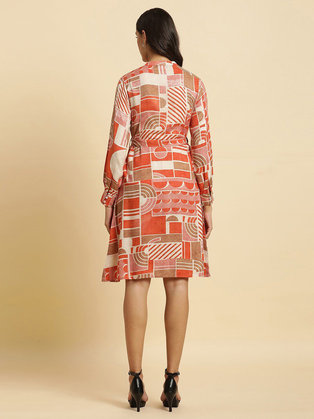 W Geometric Printed Mandarin Collar Cuffed Sleeves A-Line Dress