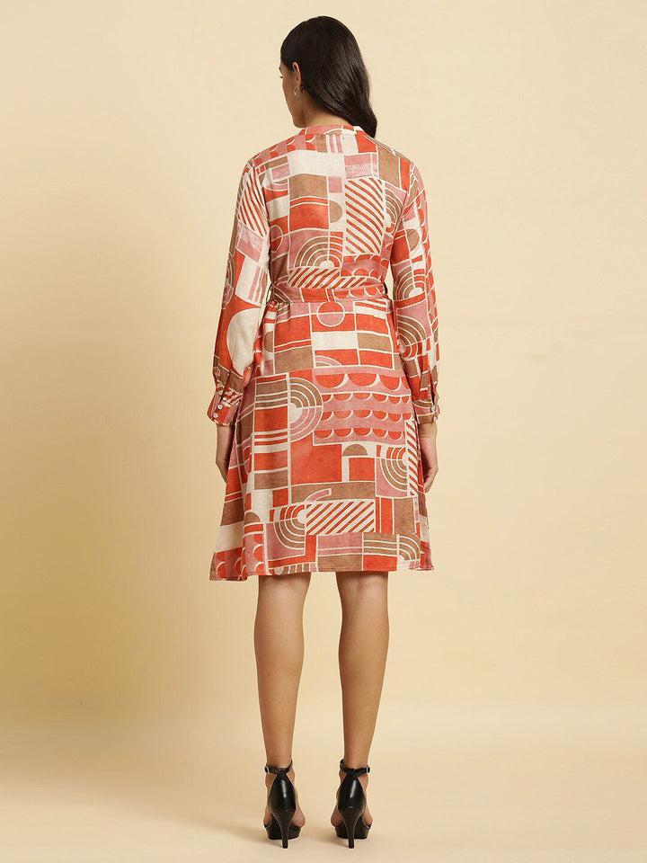 W Geometric Printed Mandarin Collar Cuffed Sleeves A-Line Dress