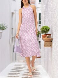 DressBerry Fairycore-Fashionable Printed Halter Neck Open-Back Sheath Midi Dress