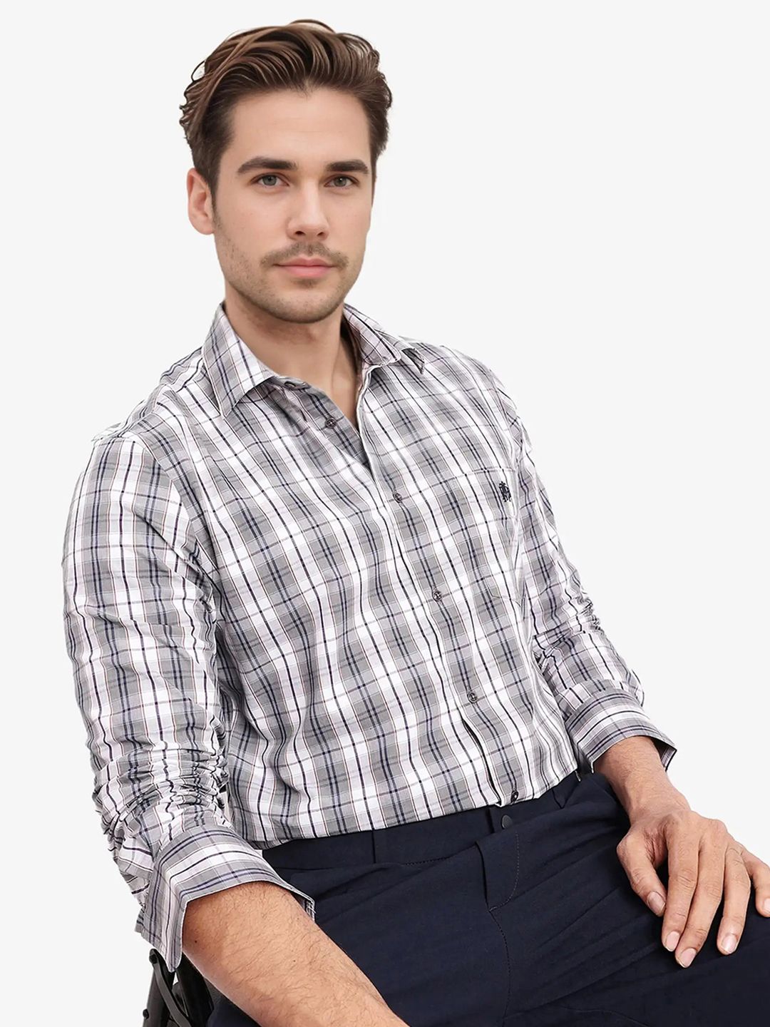RARE RABBIT Men Comfort Spread Collar Tartan Checked Cotton Casual Shirt