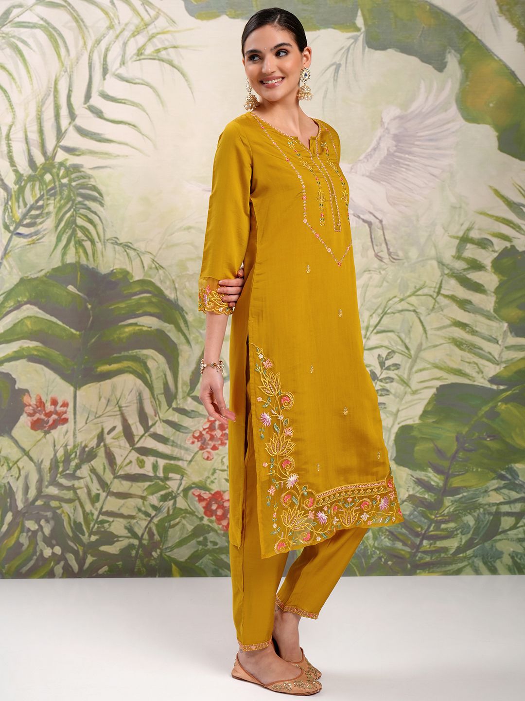 Vishudh Mustard Yellow Embroidered Thread Work Straight Kurta With Trousers & Dupatta