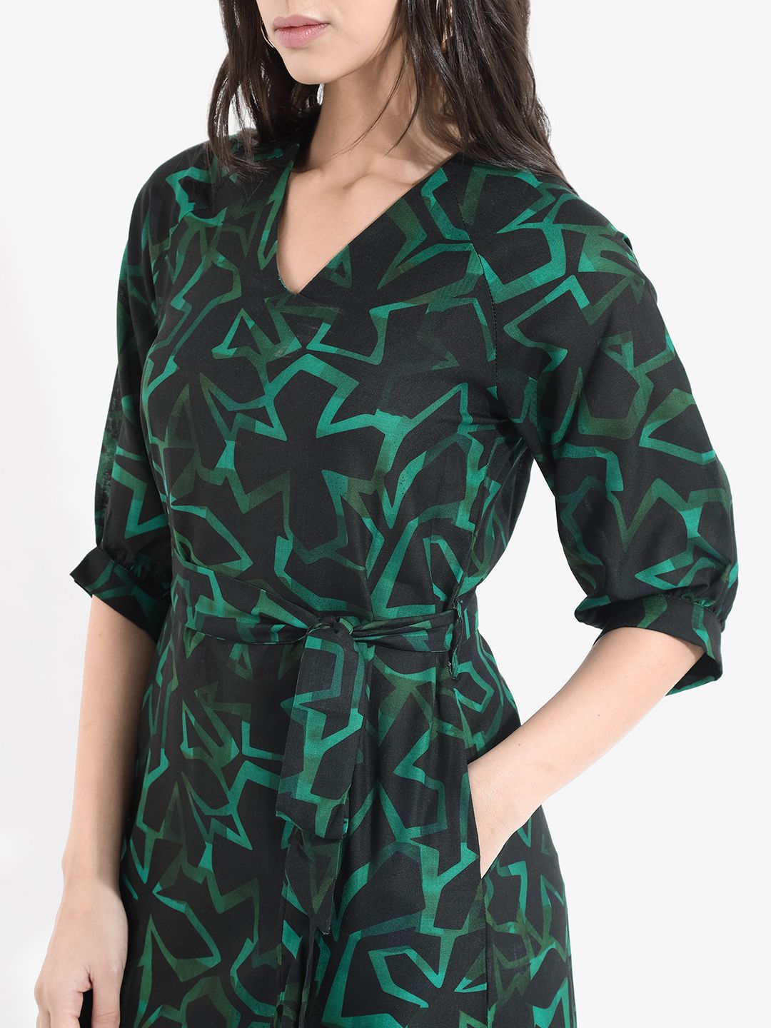 RAREISM Abstract Print Linen A-Line Midi Dress