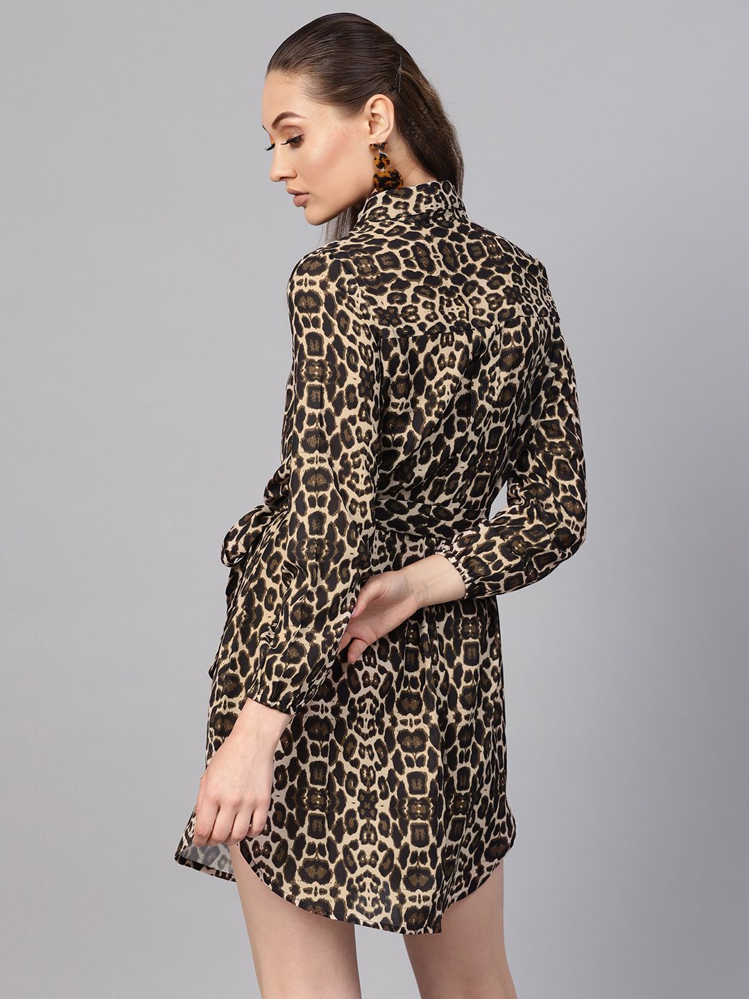SASSAFRAS Black & Beige Animal Print Mini Shirt Dress