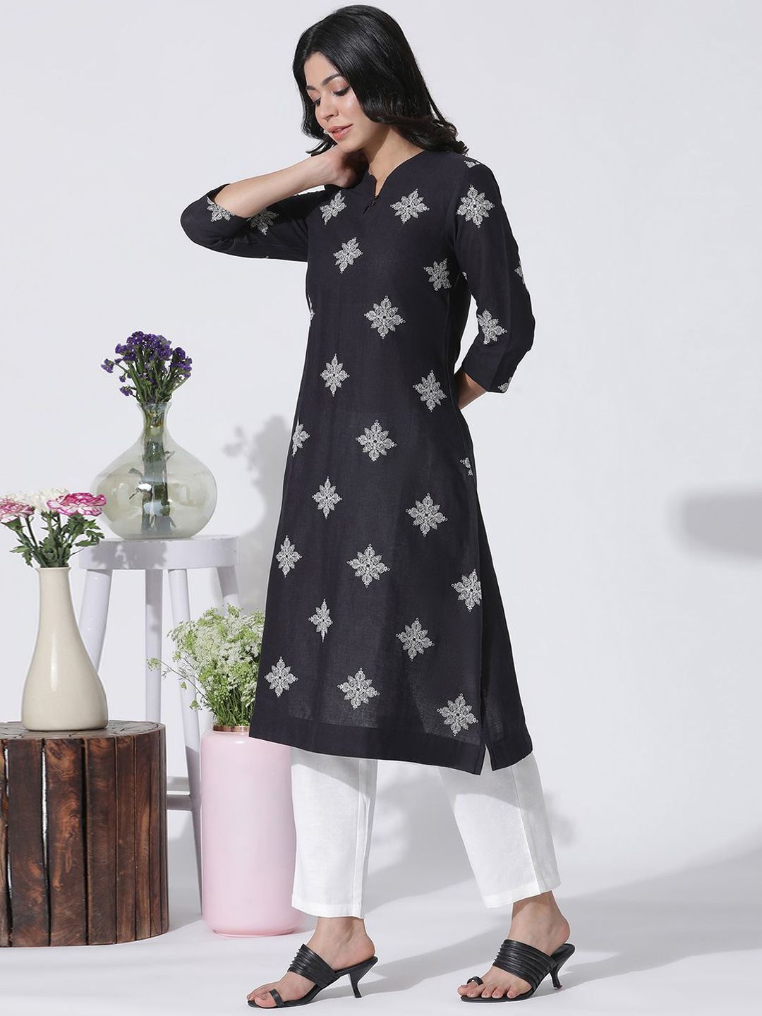 W Floral Embroidered Thread Work Kurta with Trousers