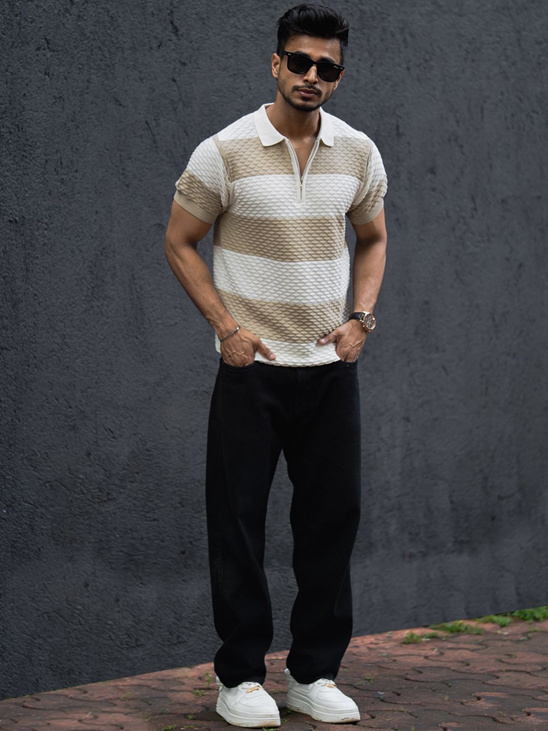 Powerlook Men Striped Polo Collar Cotton T-shirt