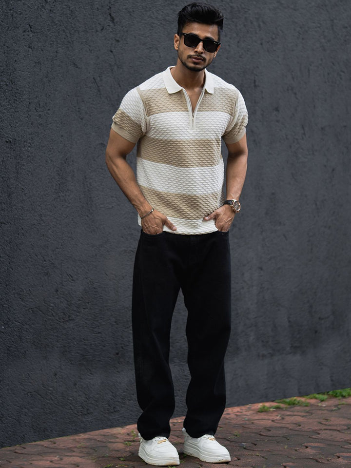 Powerlook Men Striped Polo Collar Cotton T-shirt