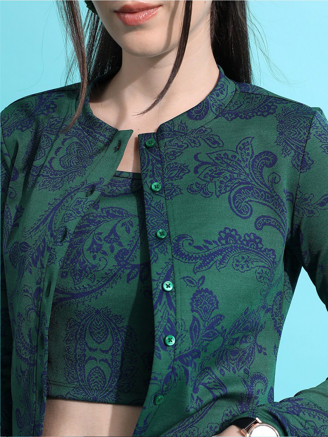 Tokyo Talkies Ethnic Motifs Printed Jacquard Cami Top With Jacket