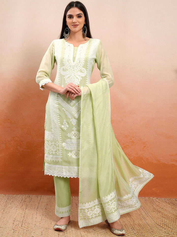 Vishudh Green Embroidered Mirror Work Straight Kurta With Trousers & Dupatta