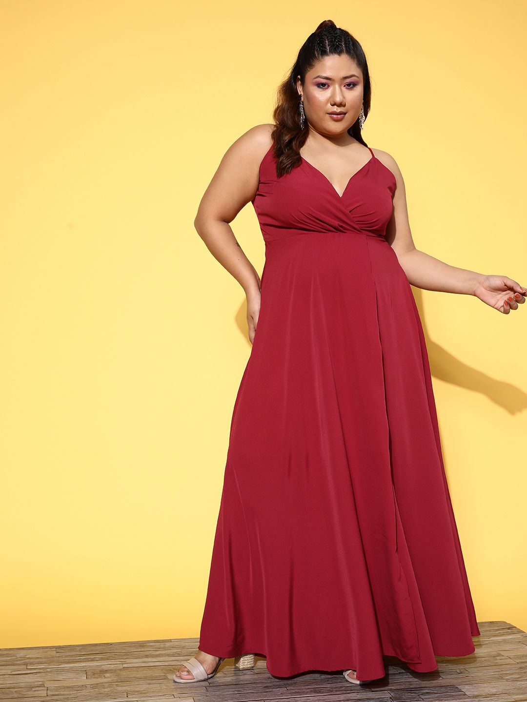 Berrylush Curve Plus Size Red Crepe Solid Fit & Flare Maxi Dress
