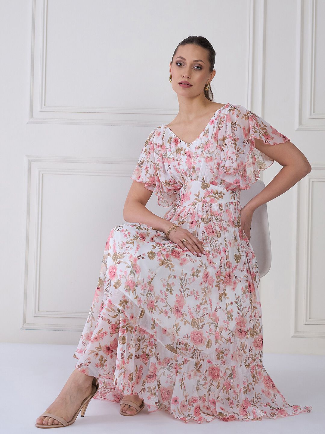 Antheaa Women Floral Print Flared Sleeve Layered Fit & Flare Midi Dress