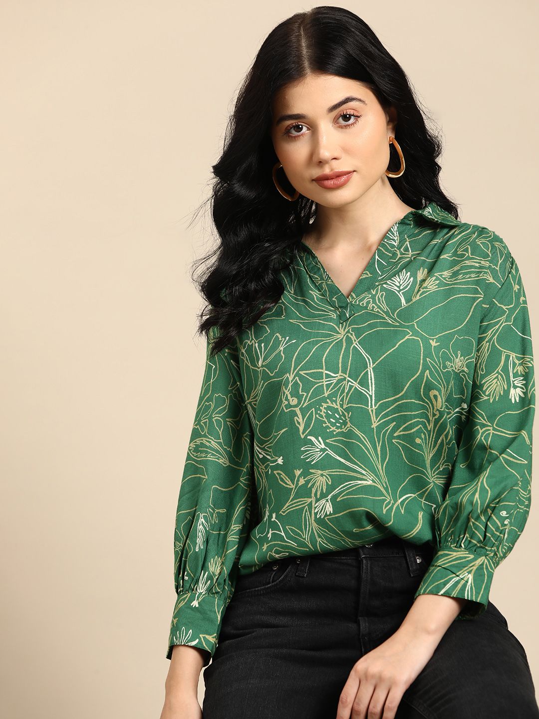 all about you Floral Print Puff Sleeves Shirt Style Top