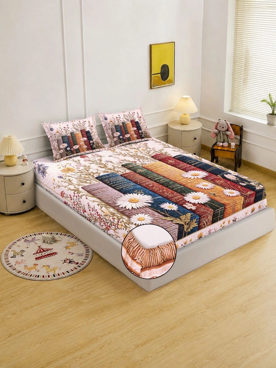 Myntra Elegant Homes Blue & Pink Floral 400 TC King Bedsheet with 2 Pillow Covers