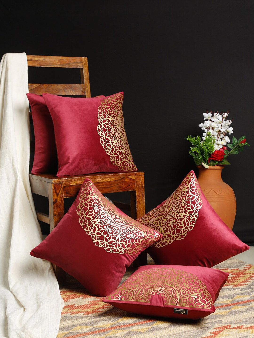 HOSTA HOMES Red & Gold-Toned Set of 5 Geometric Velvet Square Cushion Covers