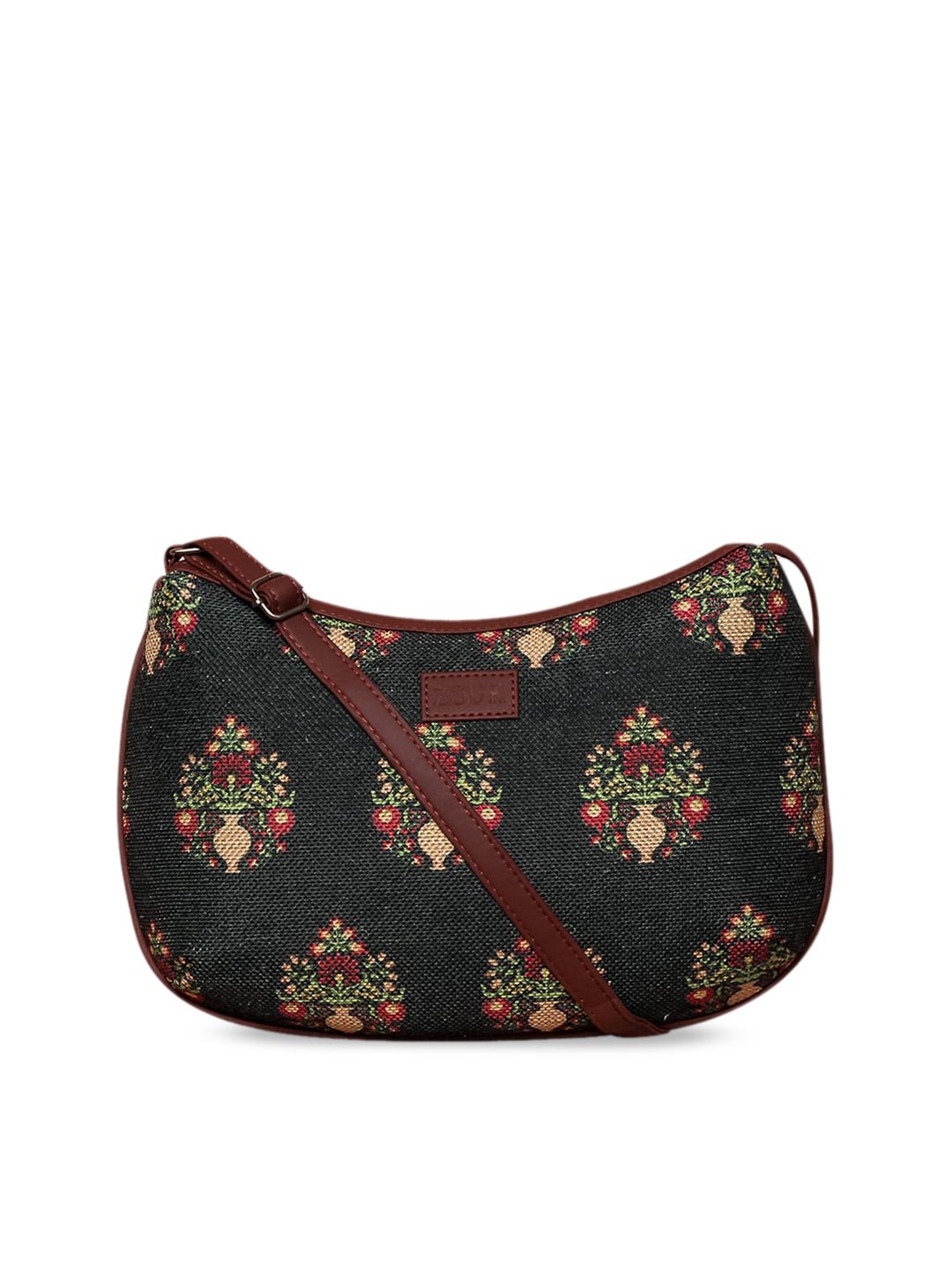 ZOUK Black & Red Ethnic Motifs Printed Half Moon Sling Bag