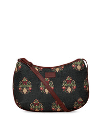 ZOUK Black & Red Ethnic Motifs Printed Half Moon Sling Bag