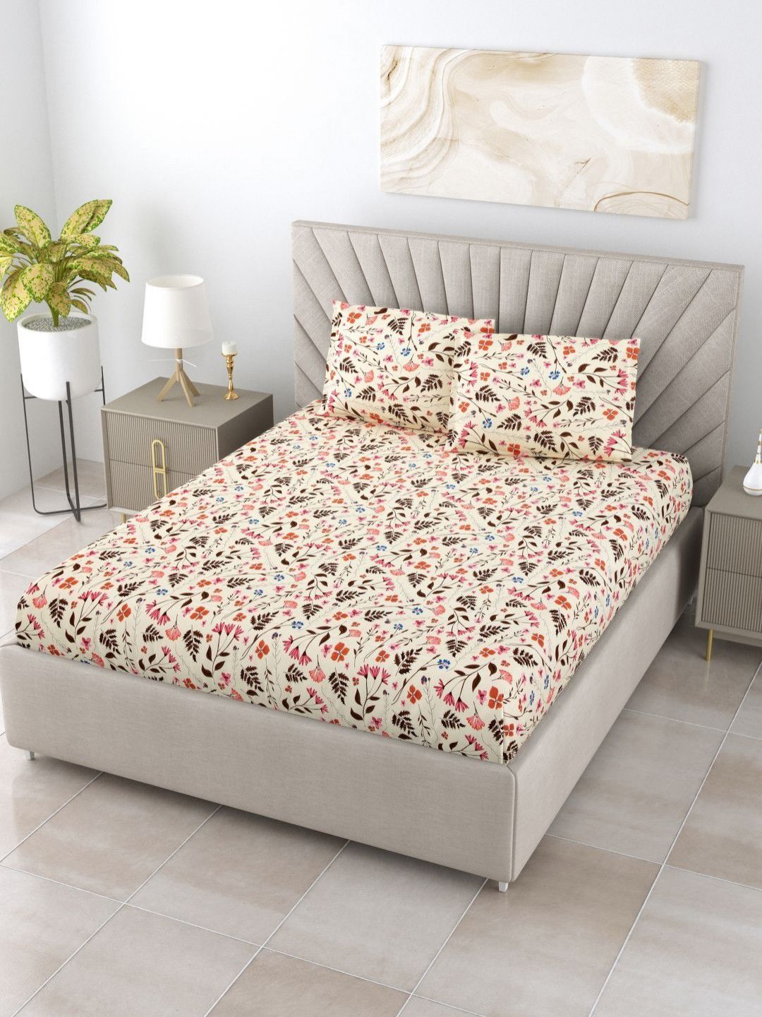 BOMBAY DYEING Epigram Cream-Coloured Printed Pure Cotton 120 TC Queen Bedsheet Set 2.24 m X 2.54 m