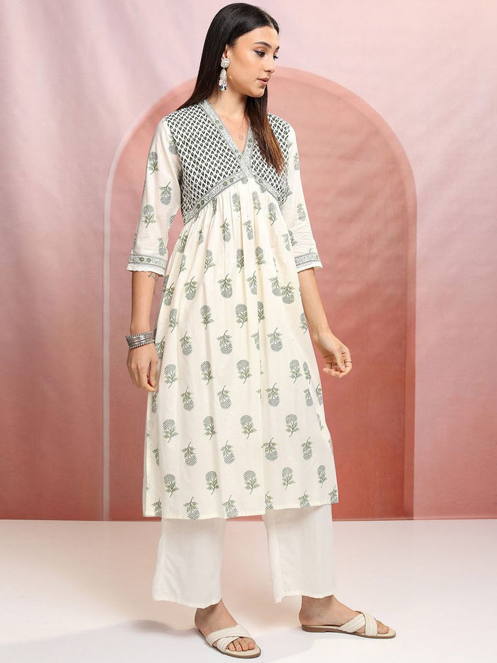 Vishudh Cream-Coloured Ethnic Motifs Printed Pure Cotton Kurta with Trousers & Dupatta