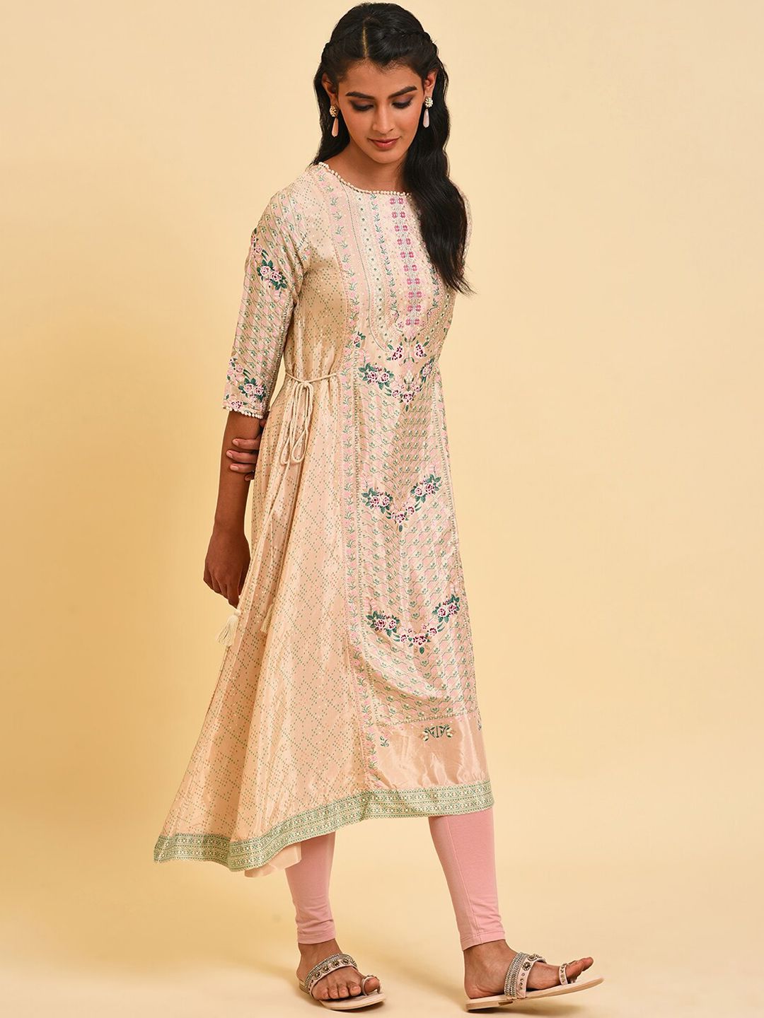 W Floral Printed Boat Neck Asymmetric A-Line Kurta