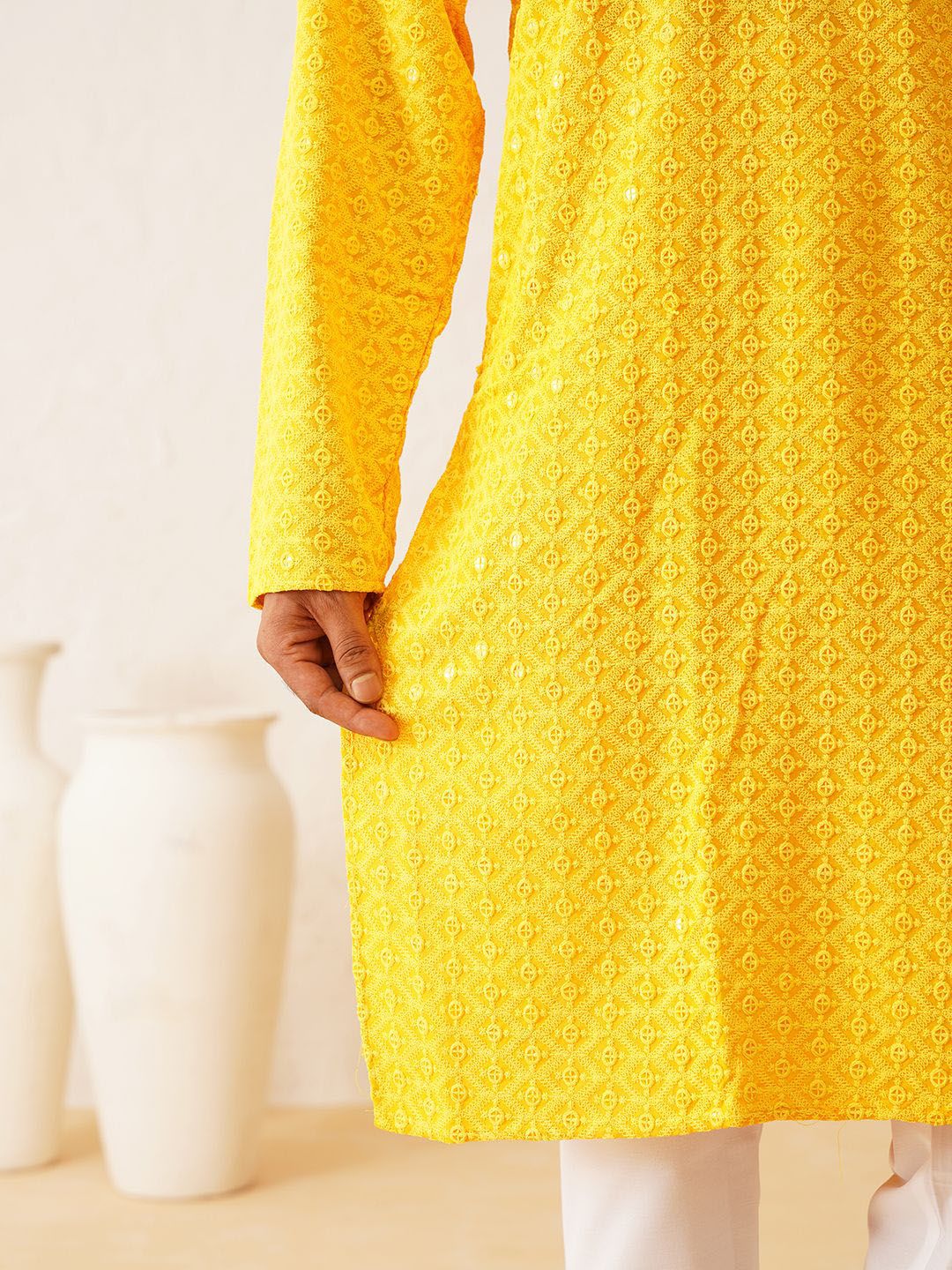 SOJANYA Embroidered Mandarin Collar Sequinned Pure Cotton Kurta with Pyjamas