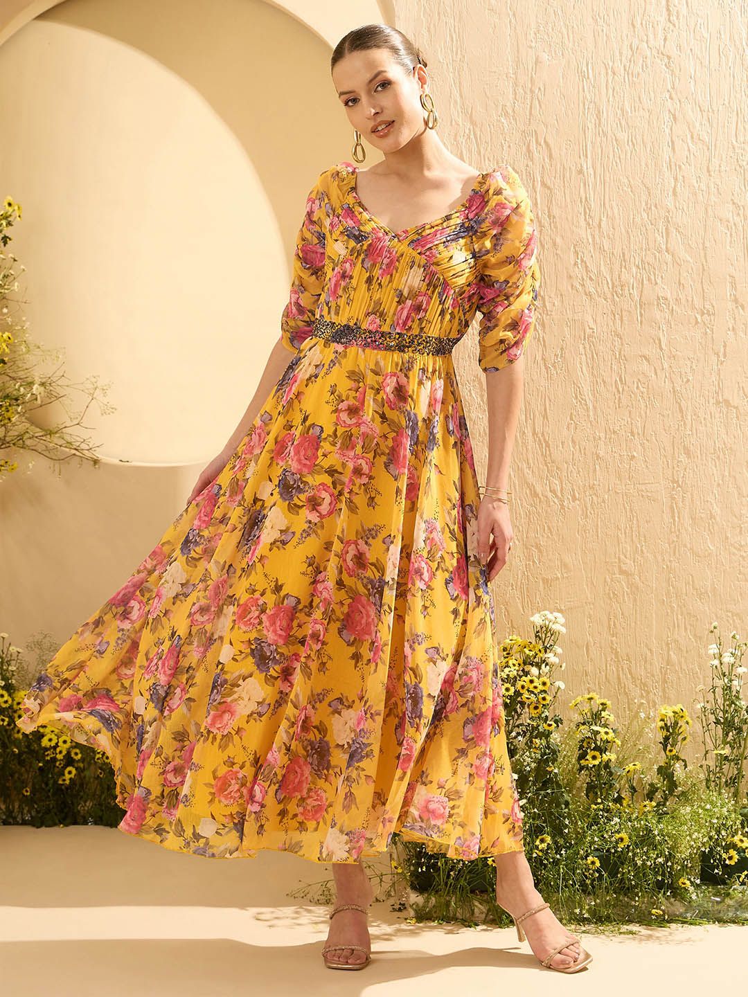 Antheaa Embellished Floral Print Chiffon Maxi Dress