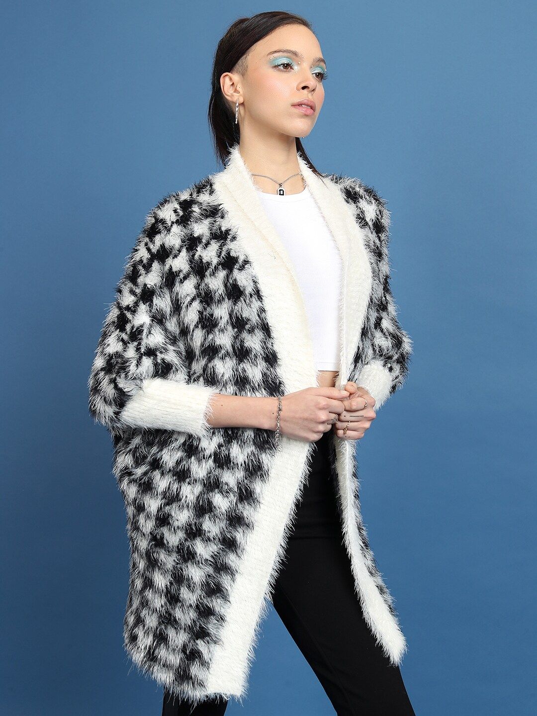 Tokyo Talkies Black Geometric Printed Fuzzy Acrylic Cardigan Sweater
