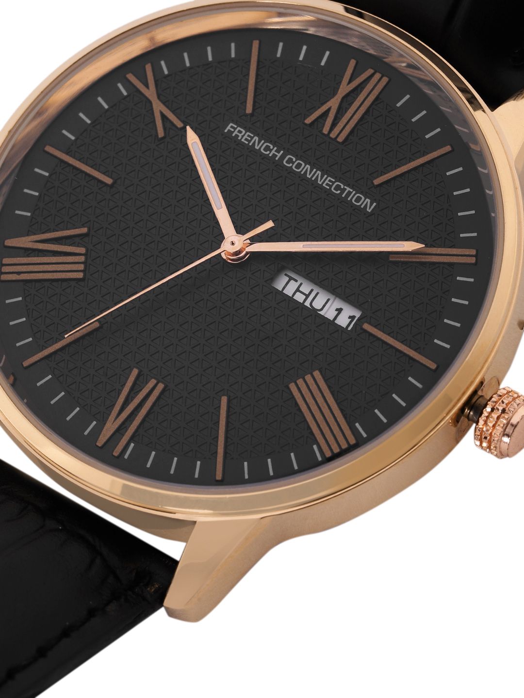 Sambungan Perancis Lelaki Hitam Dial & Kulit Hitam Tali Analog Watch FCL25