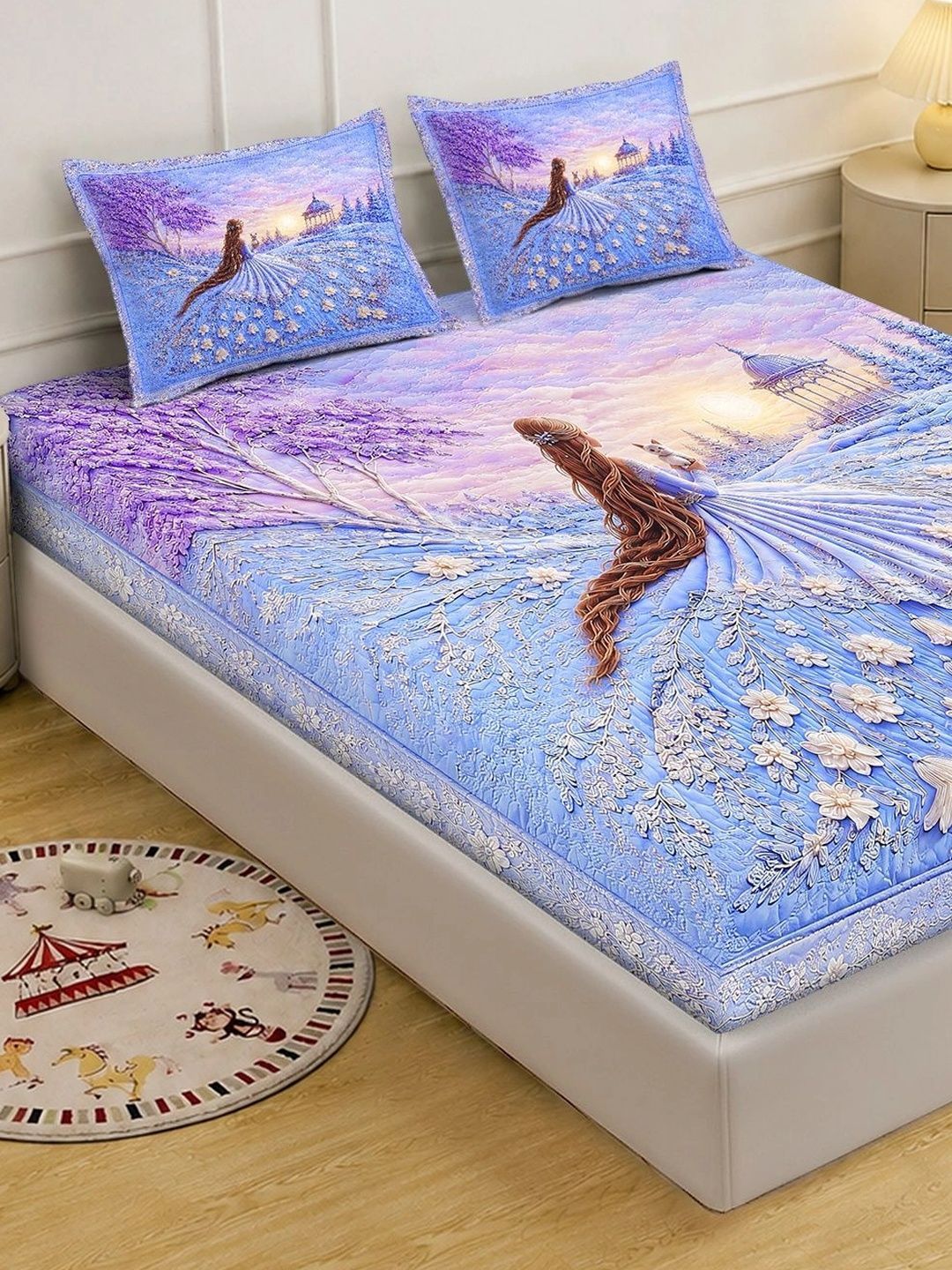 KLOTTHE Purple & Blue Floral 400 TC King Bedsheet with 2 Pillow Covers