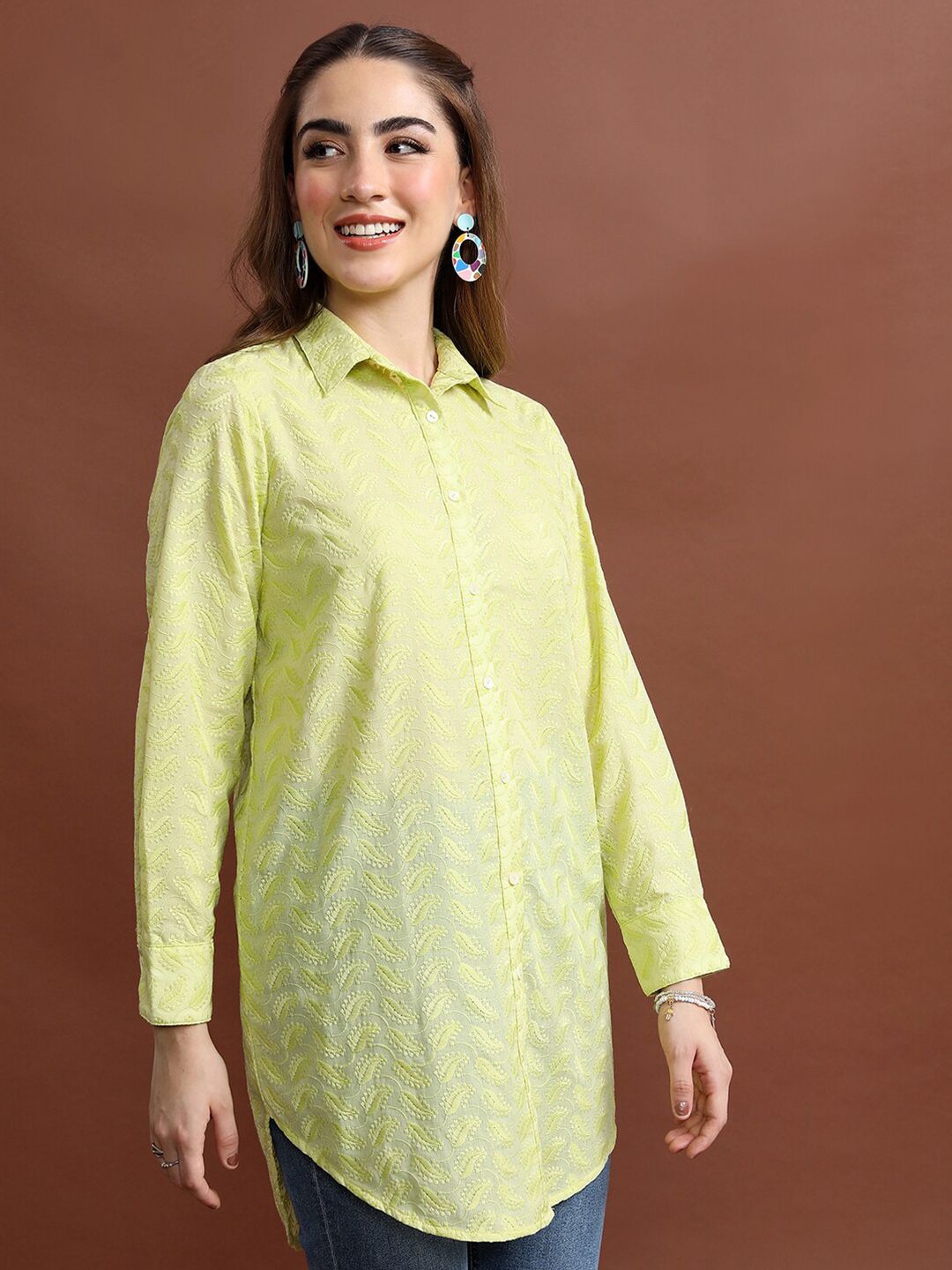 Vishudh Lime Green Floral Embroidered Casual Shirt