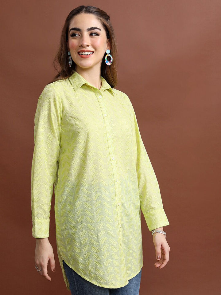 Vishudh Lime Green Floral Embroidered Casual Shirt
