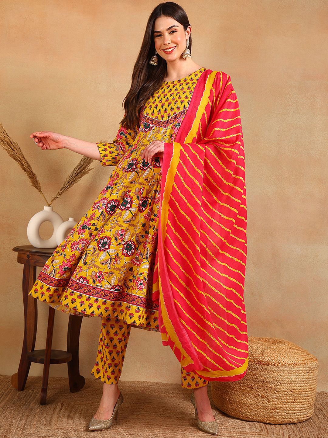 KALINI Floral Printed Round Neck Anarkali Kurta with Trousers & With Dupatta