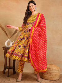 KALINI Floral Printed Round Neck Anarkali Kurta with Trousers & With Dupatta