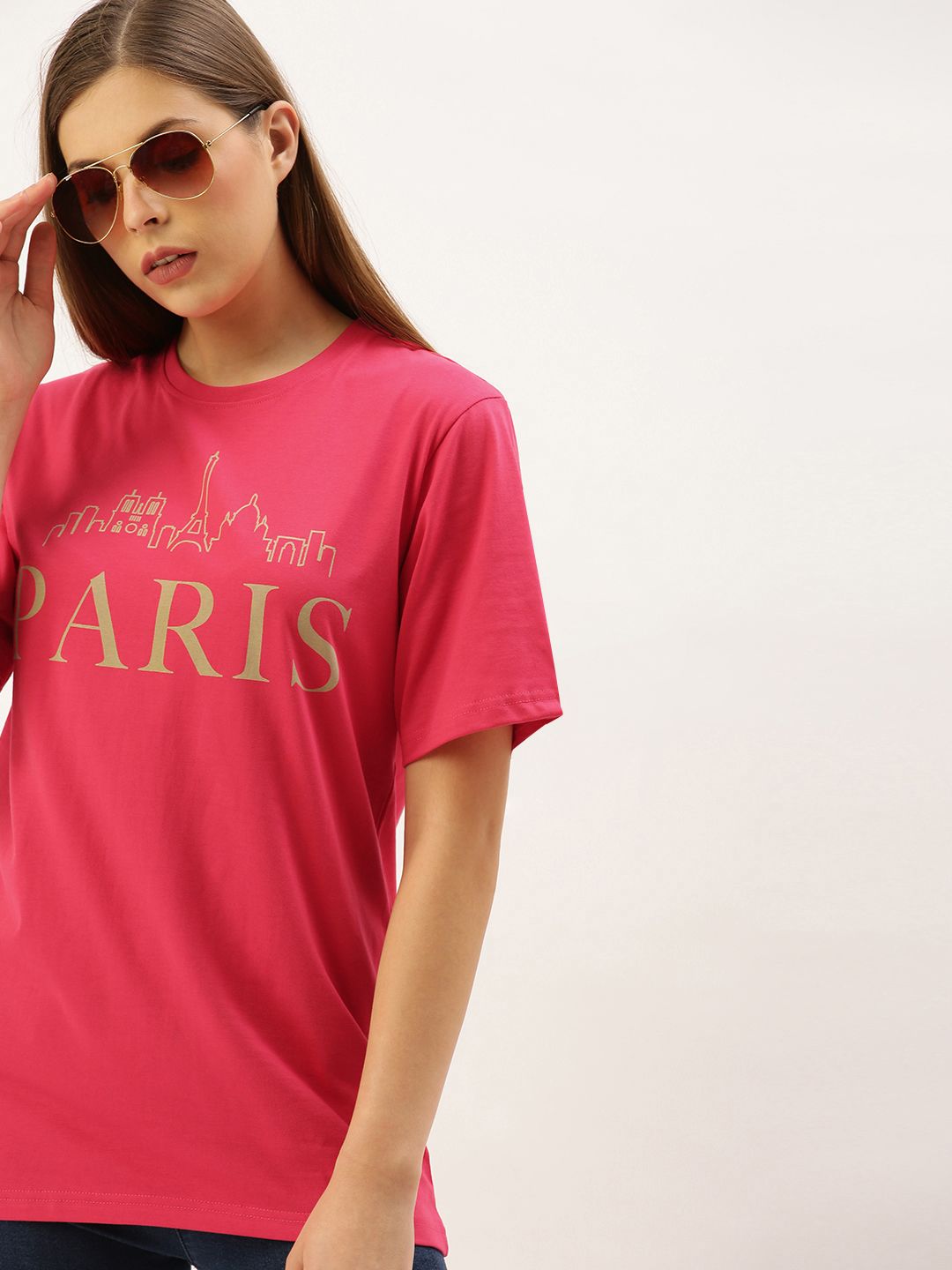 DILLINGER Women Magenta Pink Printed  Round Neck Longline Oversized Pure Cotton T-shirt